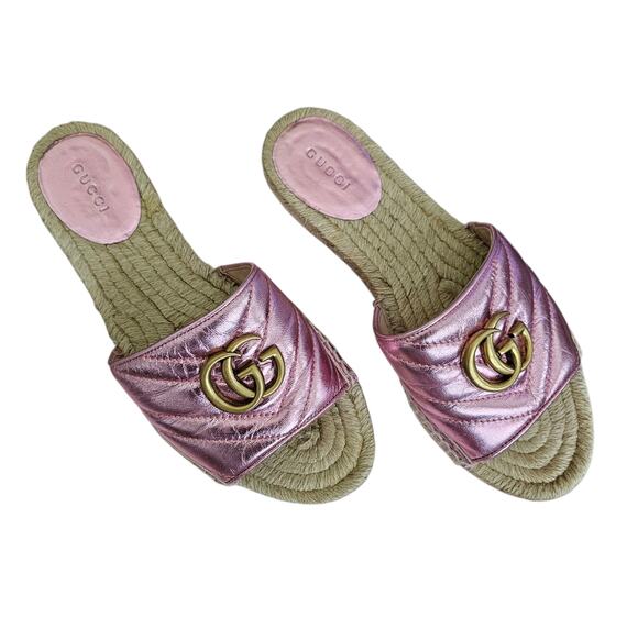 Gucci GG Quilted Leather Espadrille Flat Slide Sandal Size 37 US 7 Metallic Pink - Picture 2 of 8